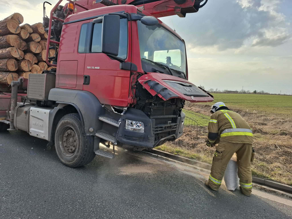 Zderzył się pojazd osobowy z przewożącym drzewo