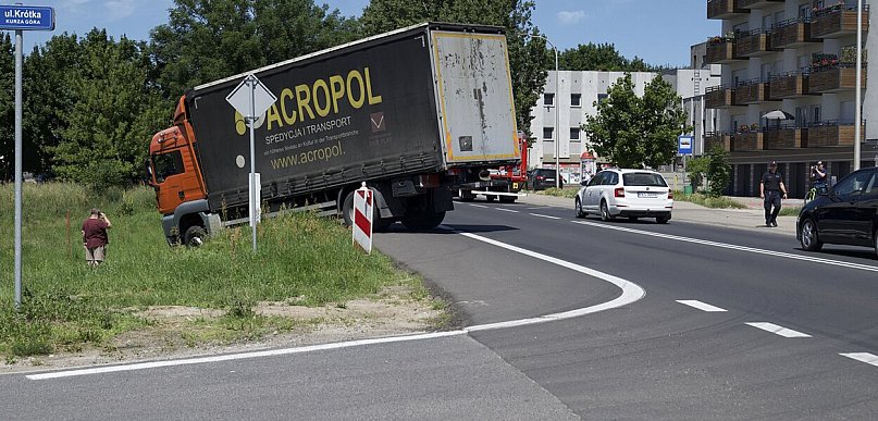 Ciężarówka w rowie na Gostyńskiej. Kierowca źle się poczuł [ZDJĘCIA]