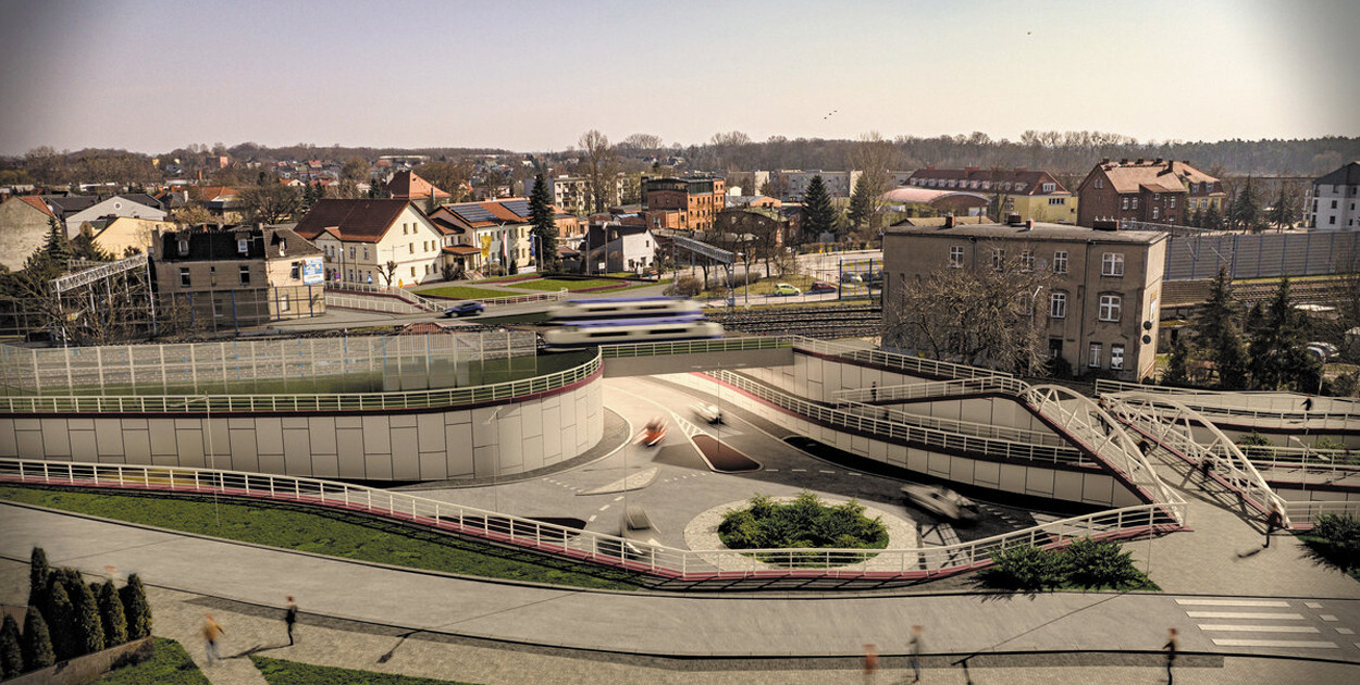 Wizualizacja wiaduktu kolejowego (potocznie określanego tunelem pod torami) w Czempiniu wraz z rondem i kładką dla pieszych i rowerzystów.